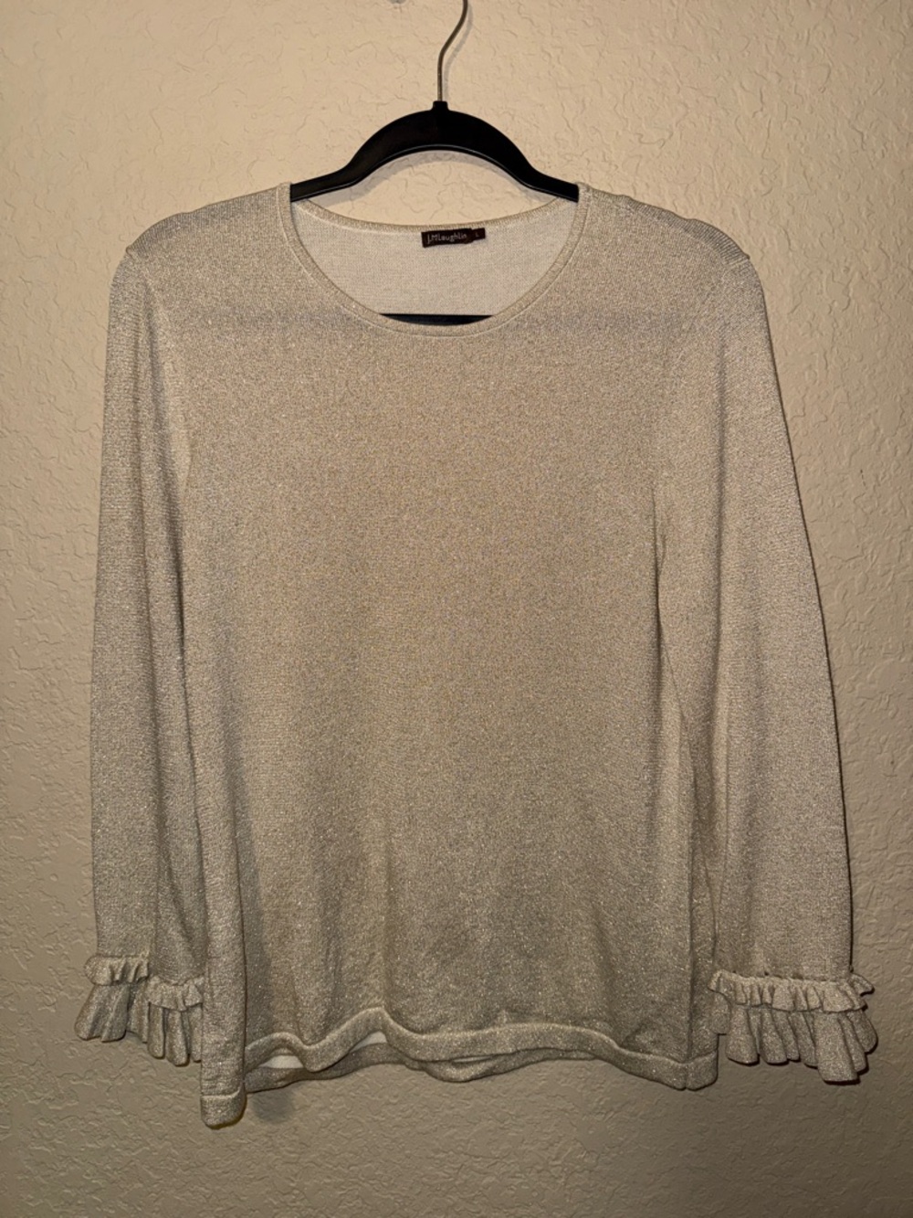 J. McLaughlin Cream Metallic Ruffle-Cuff Long Sleeve Top